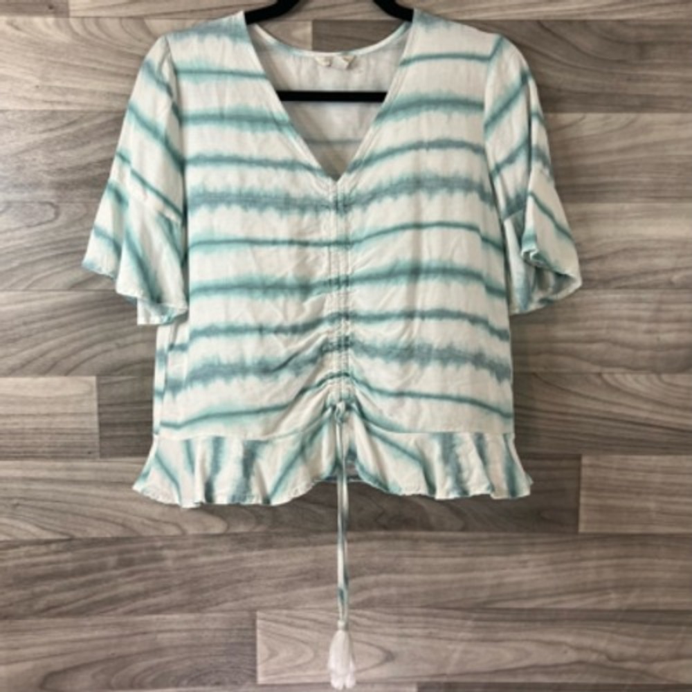 Est. 1946 Blouse Womens XS White Tie Dye‎ Short Sleeve Bell V Neck Ruched Tassel